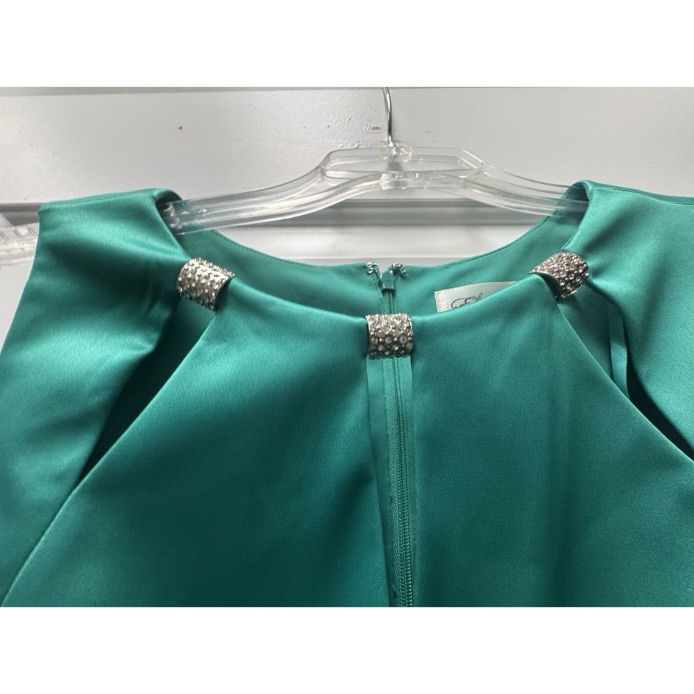 NWT Eliza J Emerald Green Satin Sheath Dress - Jeweled Neckline - Size 14 - Picture 2 of 9